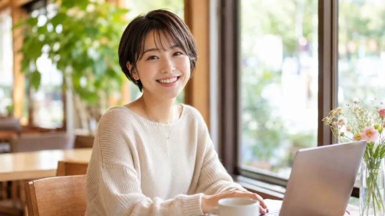 明るいカフェの窓際で微笑む20代女性