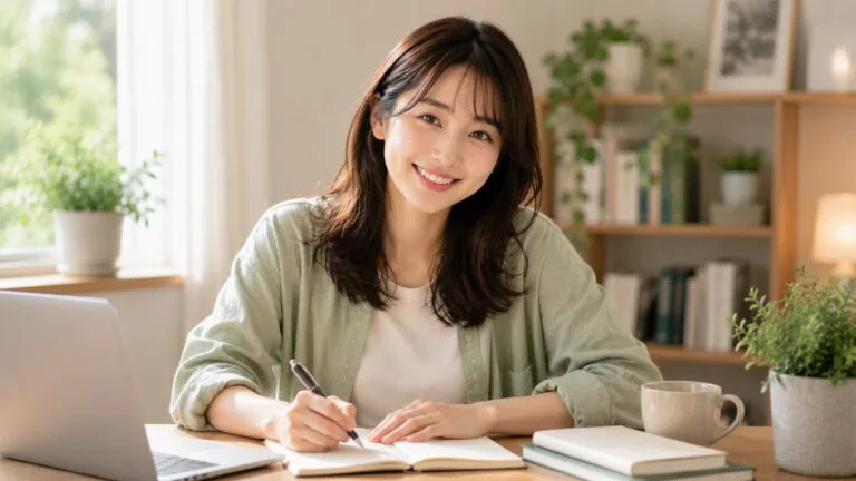穏やかな雰囲気でくつろぎ微笑む20代女性